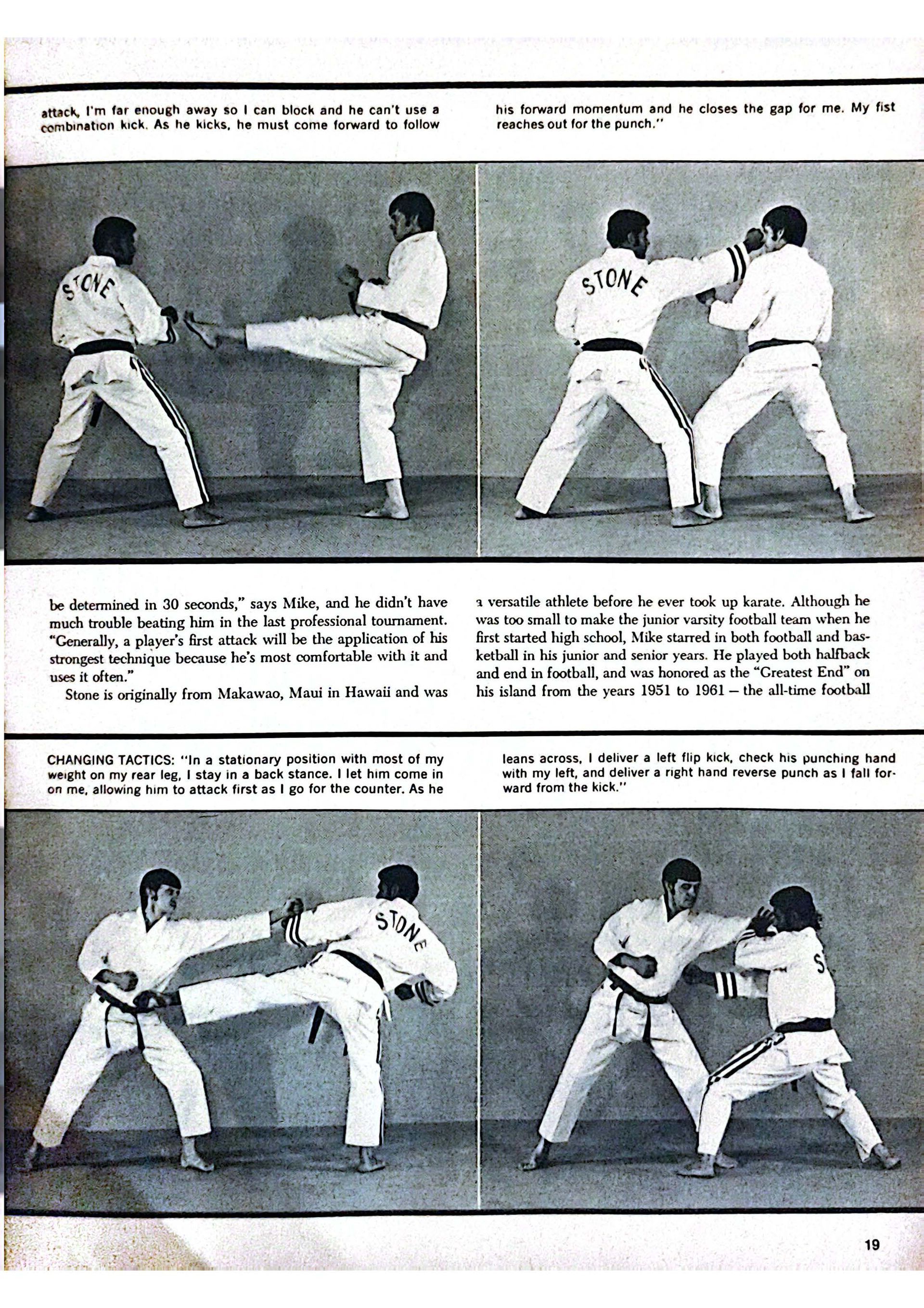 Four panels showing a martial arts demonstration, with two individuals in white uniforms practicing blocks.