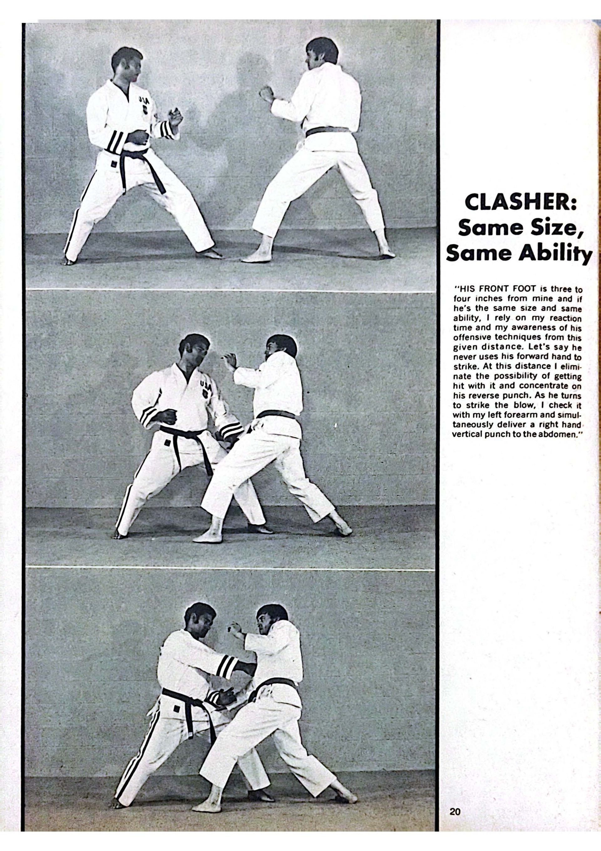 Three-part demonstration of a karate technique. Two men in white uniforms practice a blocking and striking sequence.