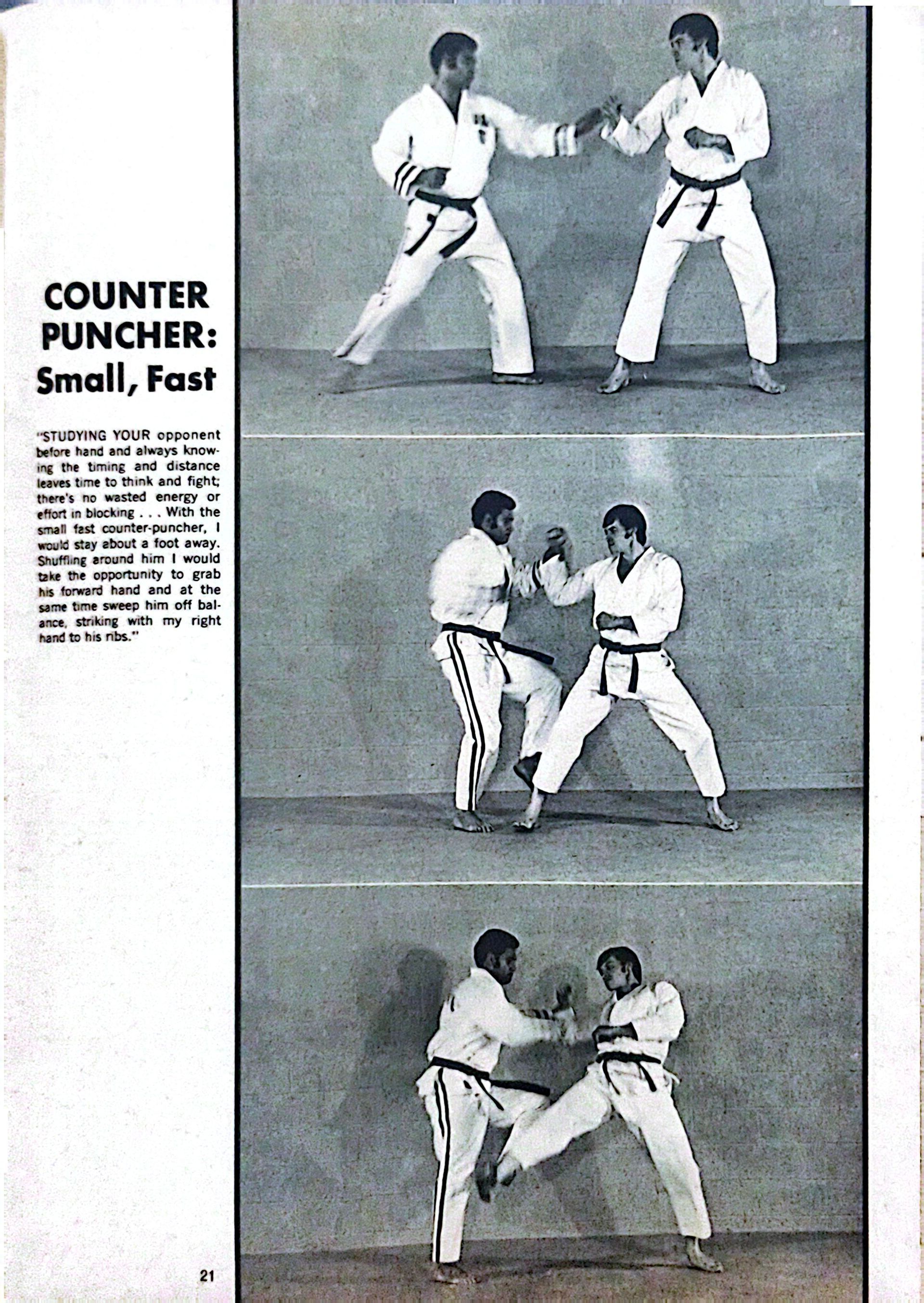 Three-panel sequence: Two men in karate uniforms demonstrating a counter punch. 