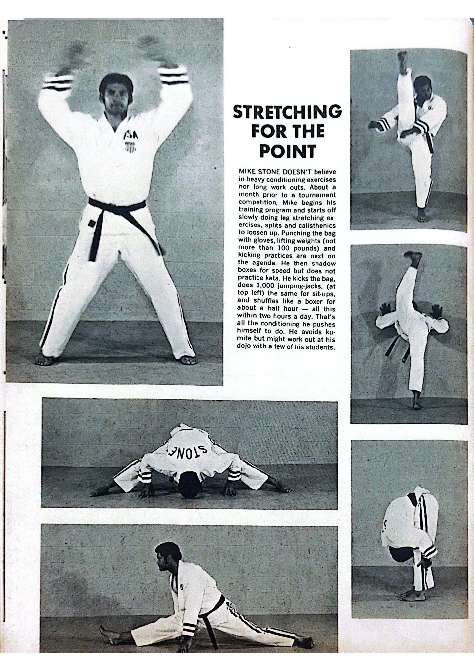 Man in a karate uniform demonstrates stretching exercises, including arm raises, high kicks, and splits.