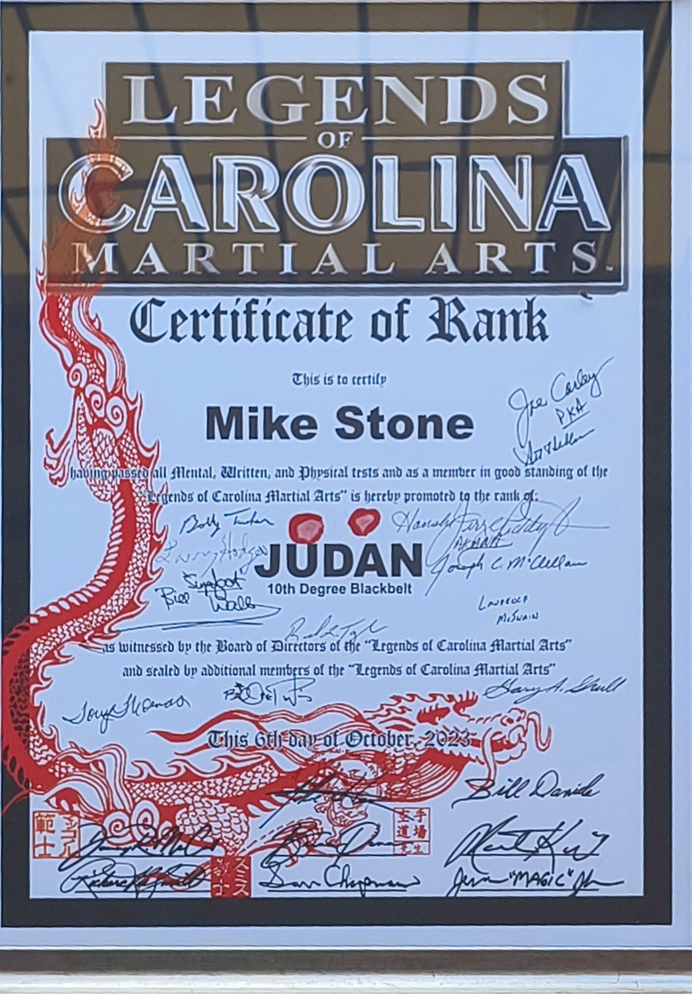 Certificate of Rank from Legends of Carolina Martial Arts for Mike Stone, awarded for Judan. 