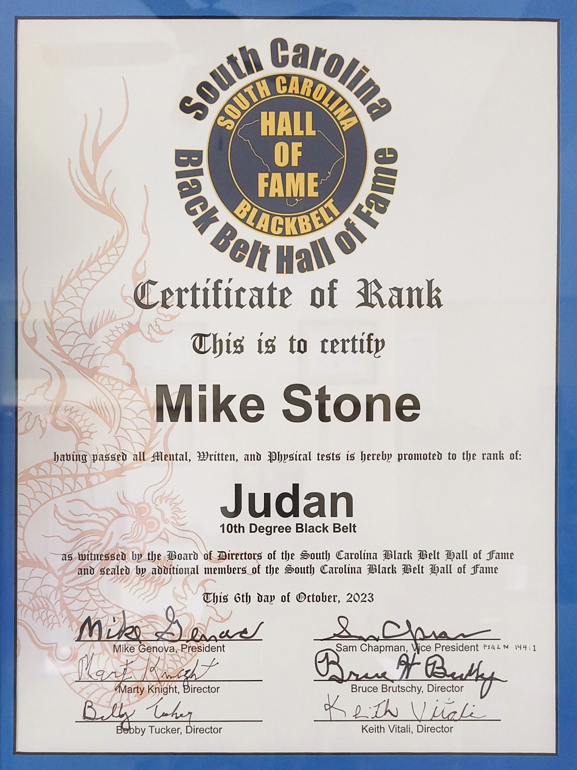 Certificate from the South Carolina Black Belt Hall of Fame, naming Mike Stone as Judan.