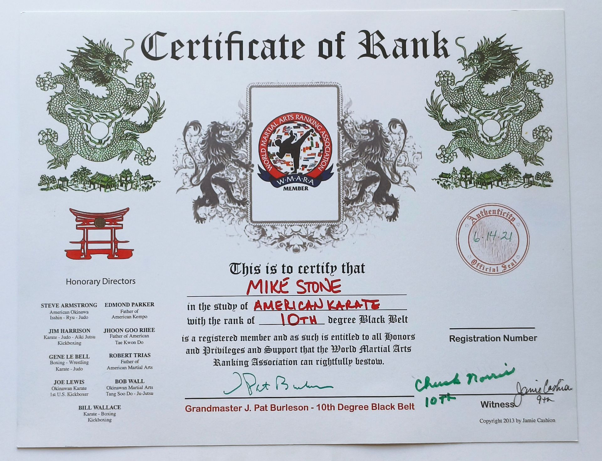 Certificate of Rank for Mike Stone, 10th Dan in American Karate. Features a logo, decorative elements, and signatures.