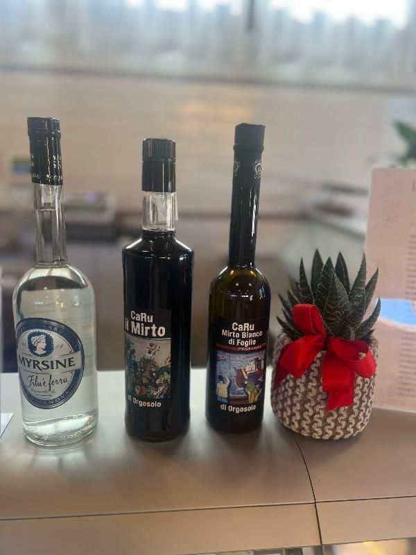 Tre bottiglie di liquore sono appoggiate su un tavolo accanto a una pianta.