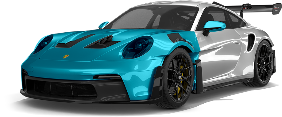 Turquoise and silver sports car with a rear wing, shown on a white background
