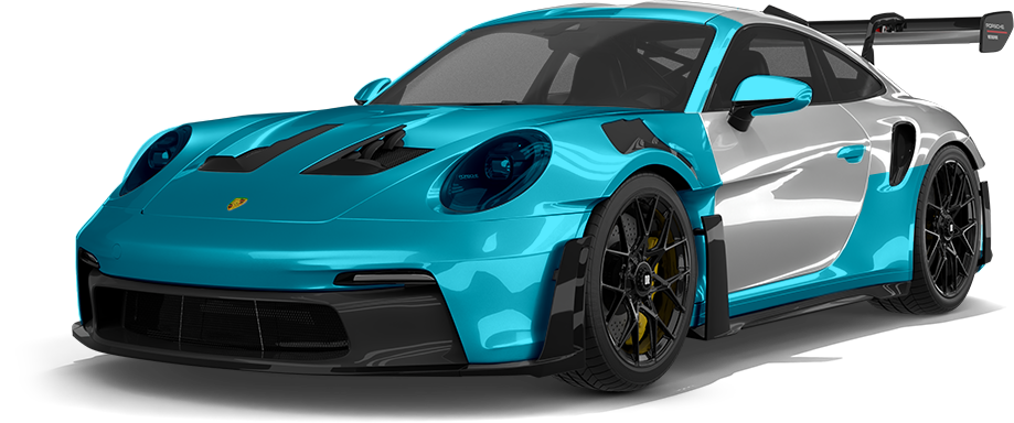 Blue and silver sports car with a rear wing, shown on a white background