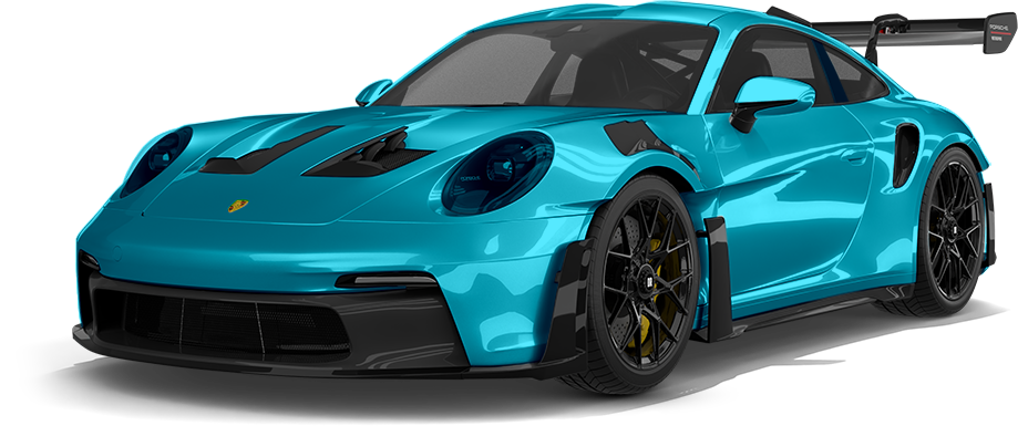 Turquoise sports car with black accents, shown from the front-left on a white background