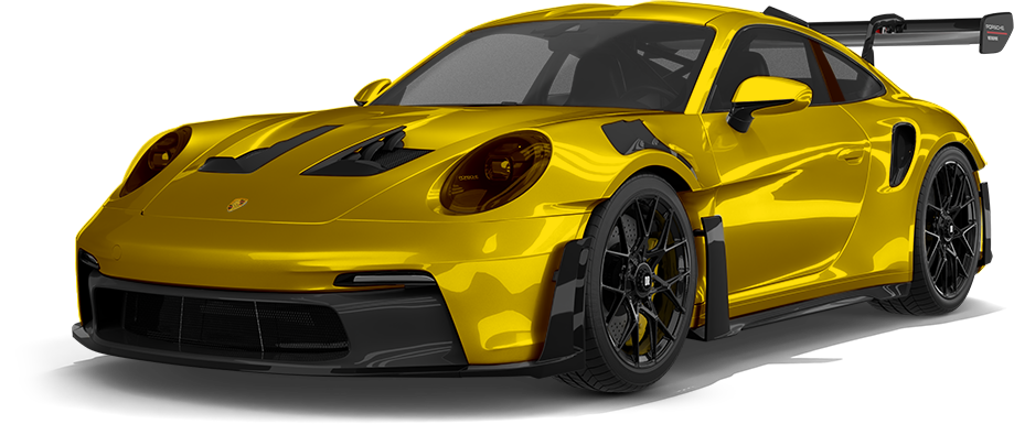 Yellow sports car with black accents, shown in a front three-quarter view on a white background