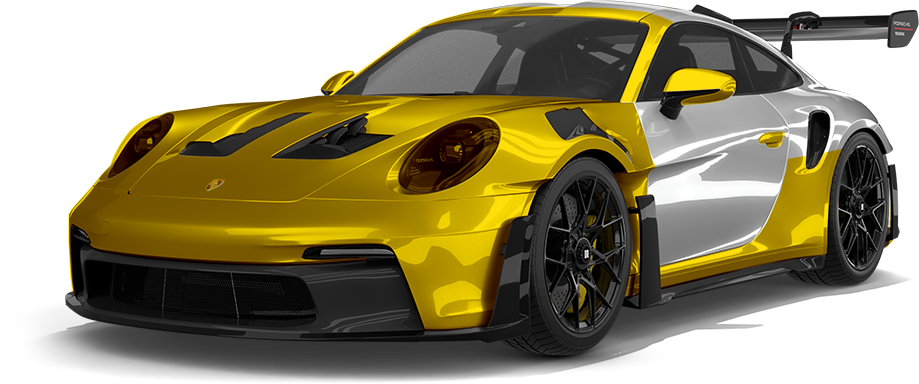 Yellow and silver sports car with a large rear wing, shown on a white background