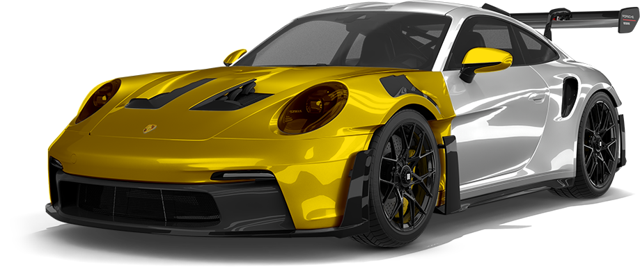Yellow and silver sports car with black accents, low front angle on a white background