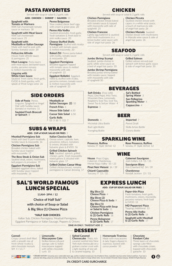 Sals Italian Menu