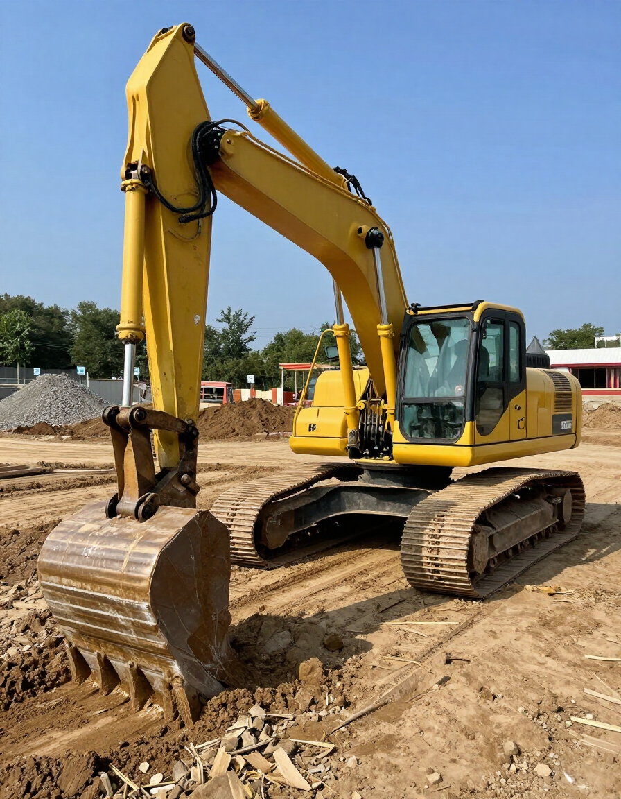 Yellow excavator with raised bucket on a dirt construction site under a clear blue sky