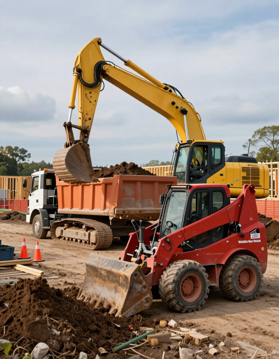Construction site with excavator loading dirt into a dump truck beside a red skid steer loader