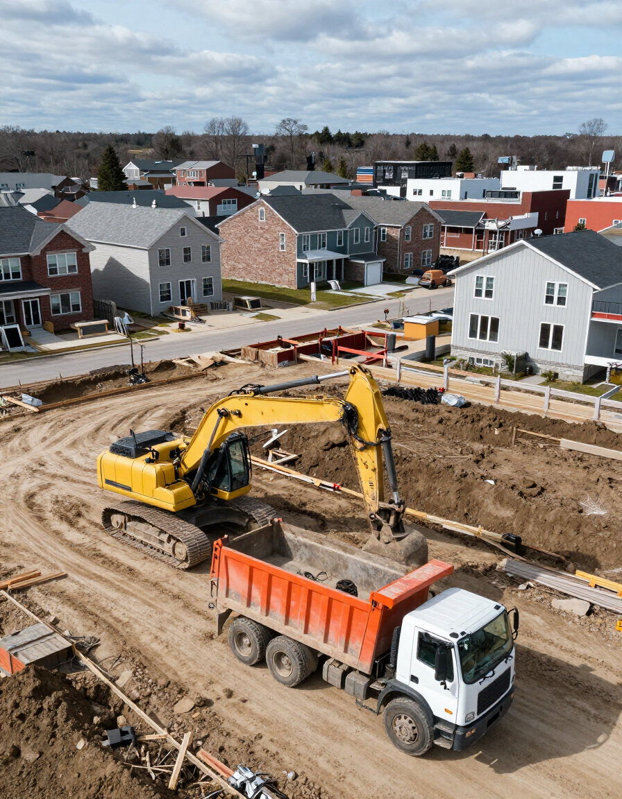Construction site with excavator loading dirt into an orange dump truck in a new housing neighborhood