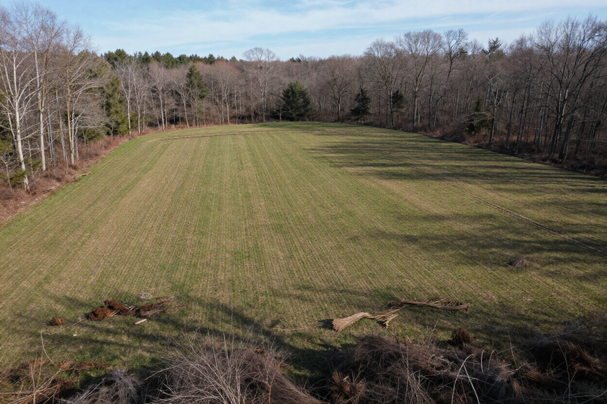 Open grassy field bordered by leafless trees under a clear sky