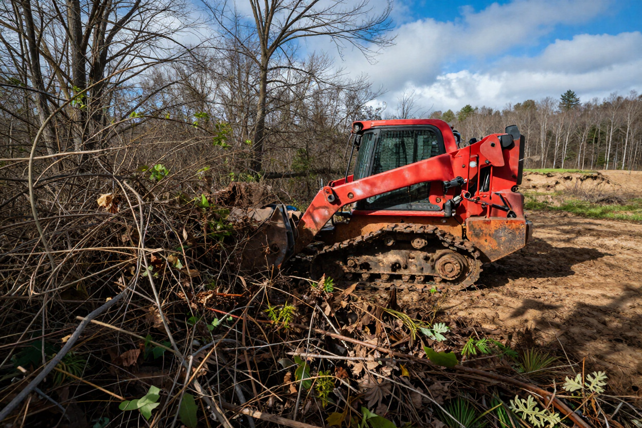 Red skid steer clearing brush beside leafless trees in a muddy field
