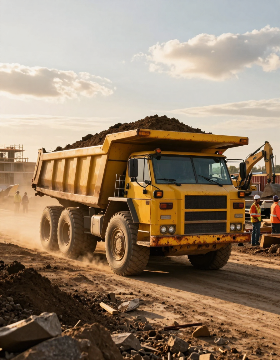 Yellow dump truck hauling dirt on a dusty construction site at sunset