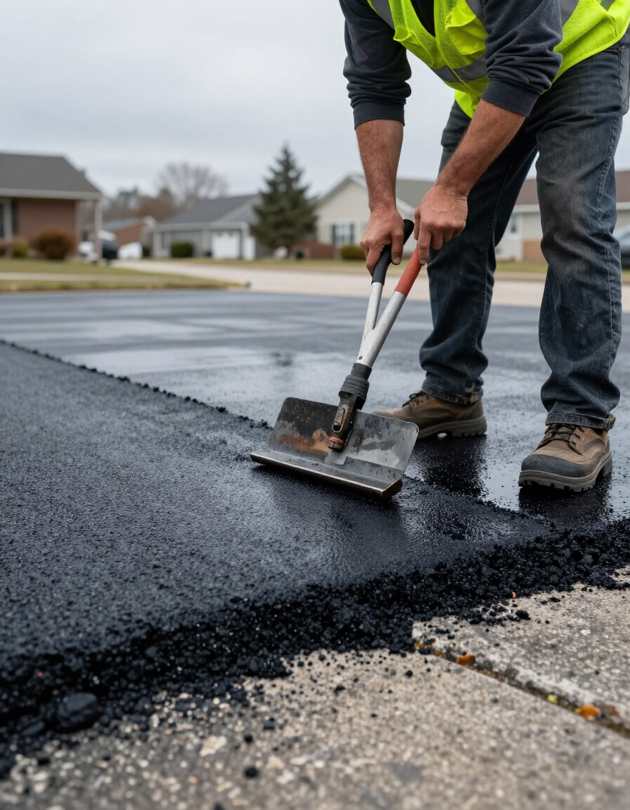 Worker smoothing fresh black asphalt with a shovel on a wet driveway