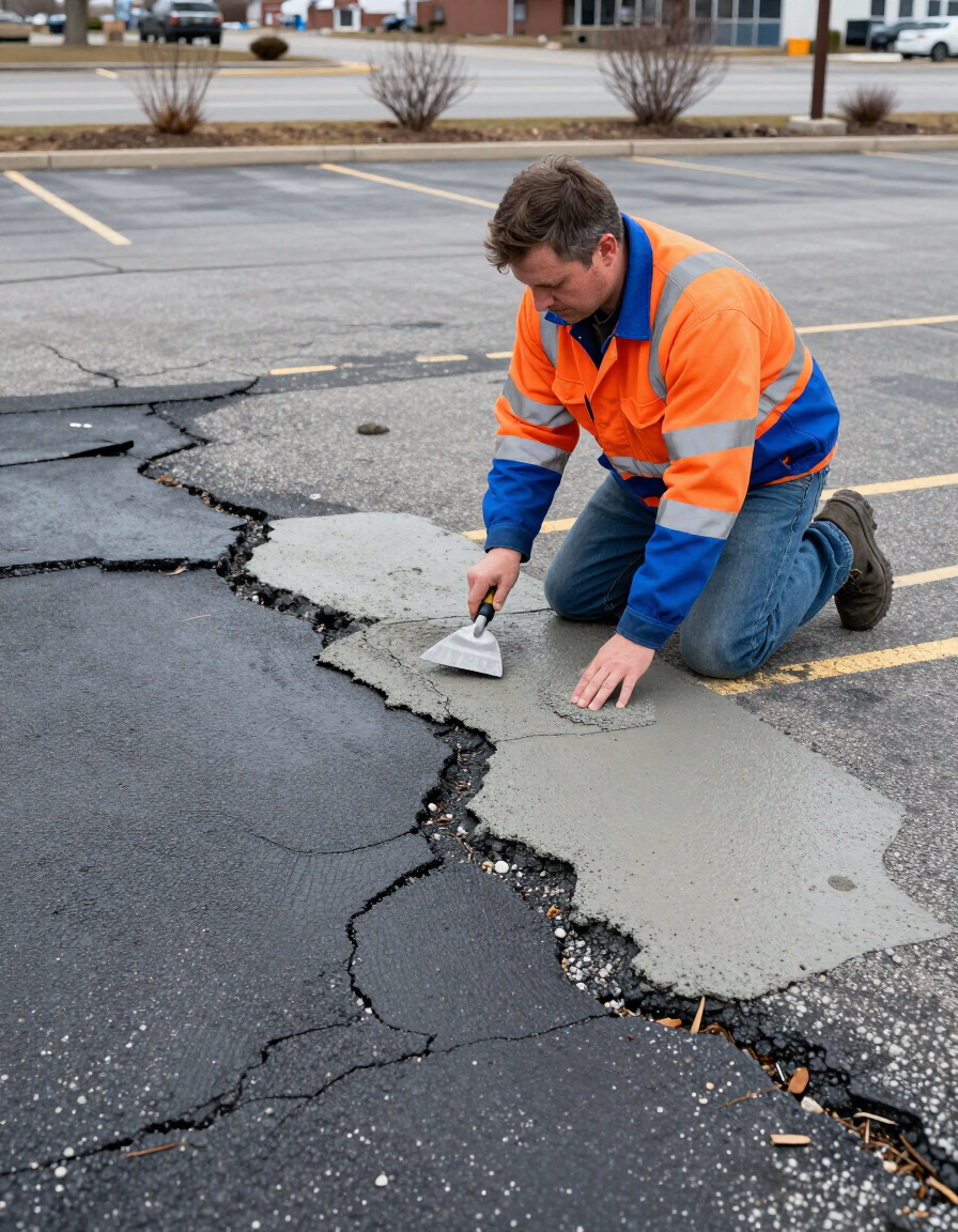 Worker in orange safety vest patching a cracked asphalt road with a trowel.