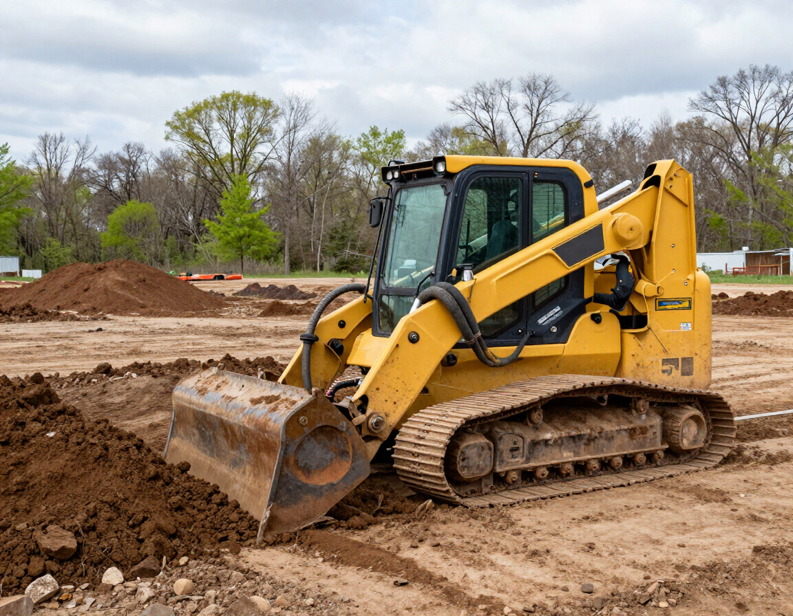Yellow bulldozer pushing dirt on a construction site with trees in the background