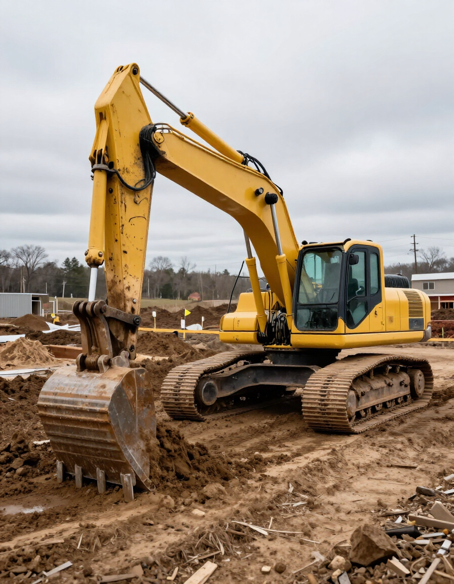 Yellow excavator on muddy construction site with cloudy sky overhead