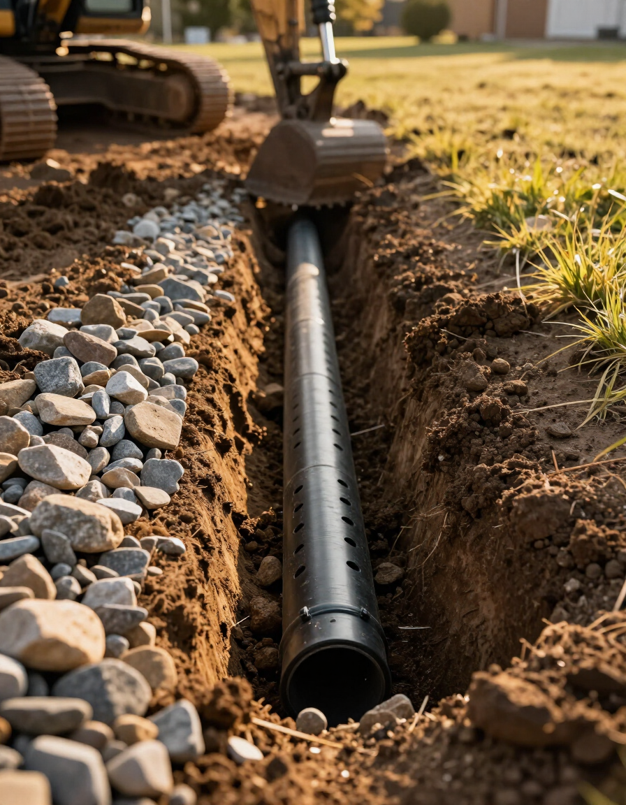 Black drainage pipe in a trench with gravel, being installed beside a work site bulldozer.