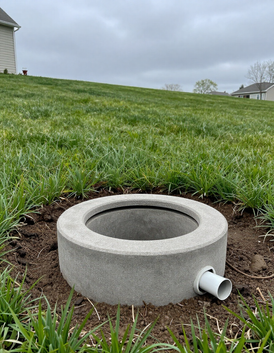 Concrete utility riser in a grassy yard with a white pipe opening on the side