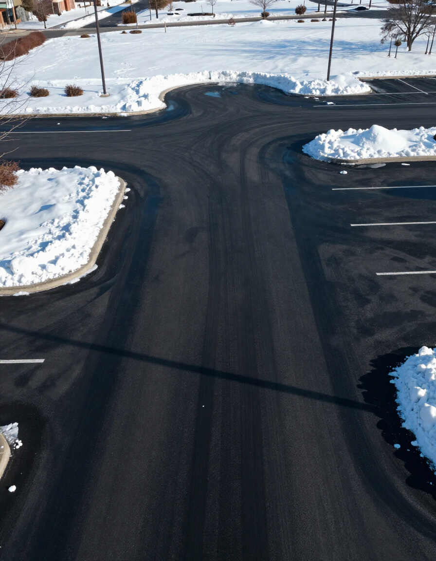 Snow-lined parking lot with cleared dark asphalt and a road at an intersection.