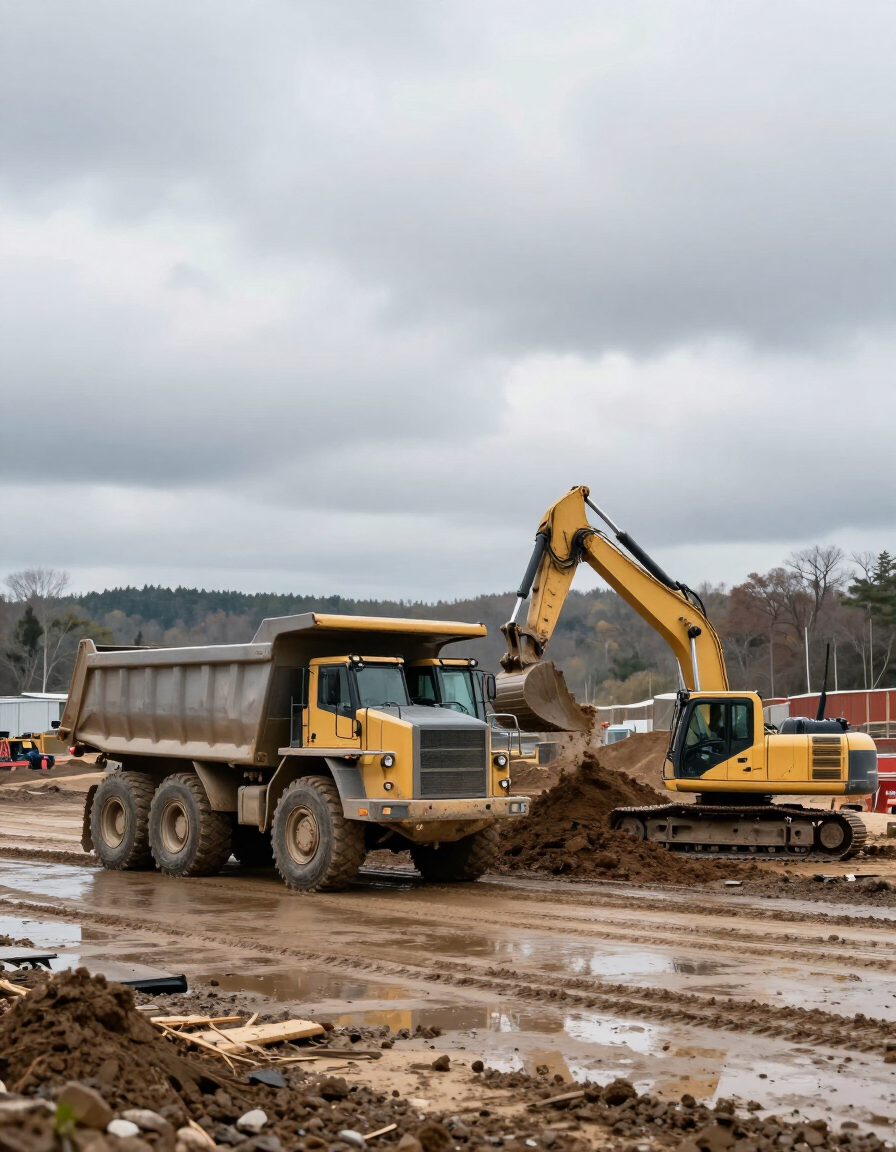 Yellow excavator loading dirt into a dump truck on a muddy construction site under cloudy skies