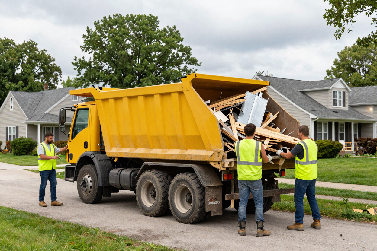 Workers loading debris into a yellow dump truck on a suburban street