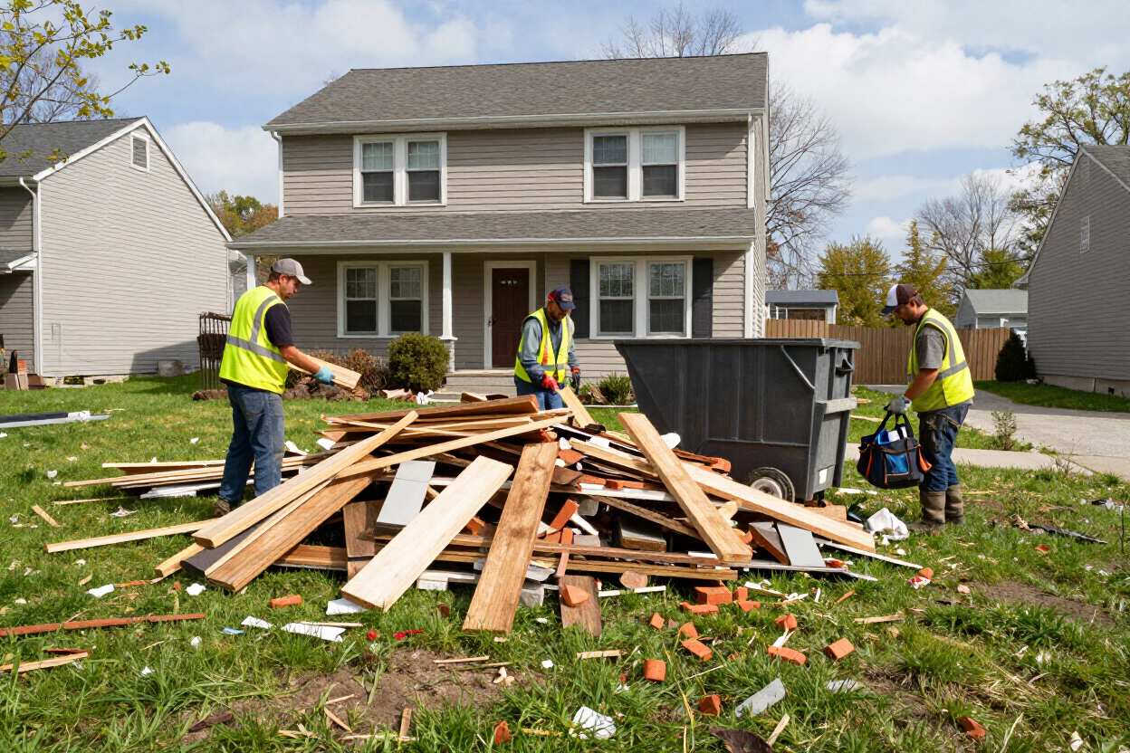 Workers in safety vests clear lumber debris in front of a suburban house.