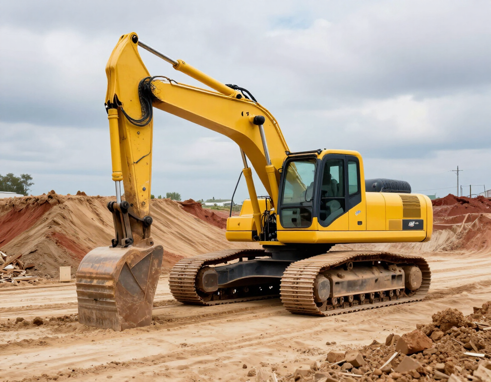 Yellow excavator on a dirt construction site, bucket lowered beside an earthen slope