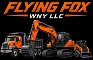 FLYING FOX WNY LLC logo above orange heavy machinery and truck on black background