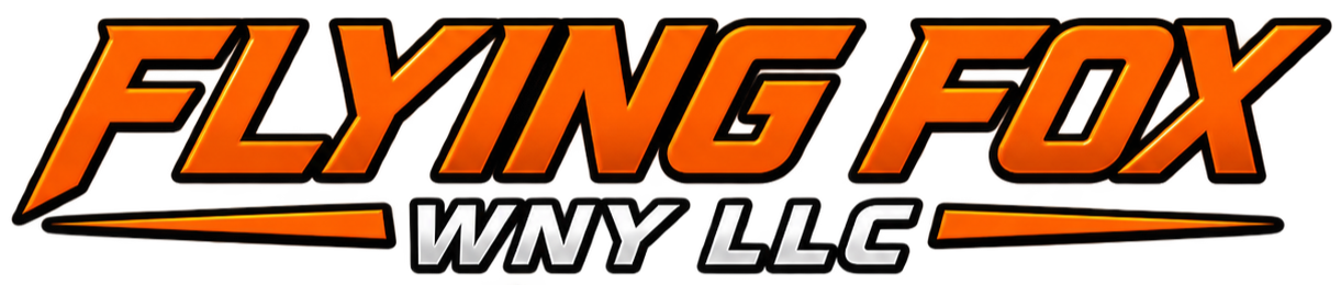 Flying Fox WNY LLC logo in orange, black, and white text with horizontal orange bars