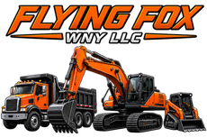 Flying Fox WNY LLC logo with orange excavator and dump truck on white background
