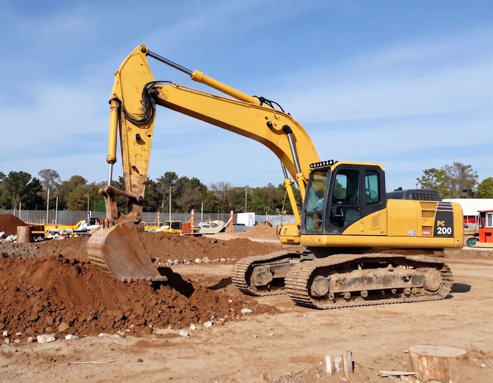 Yellow excavator digging dirt at a construction site under a blue sky