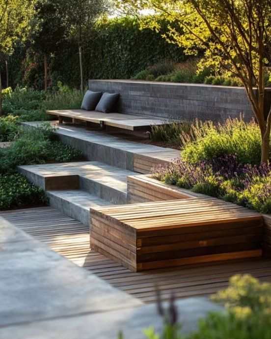 Jardín moderno con patio, fuente de agua serpenteante, exuberante vegetación y edificios contemporáneos.