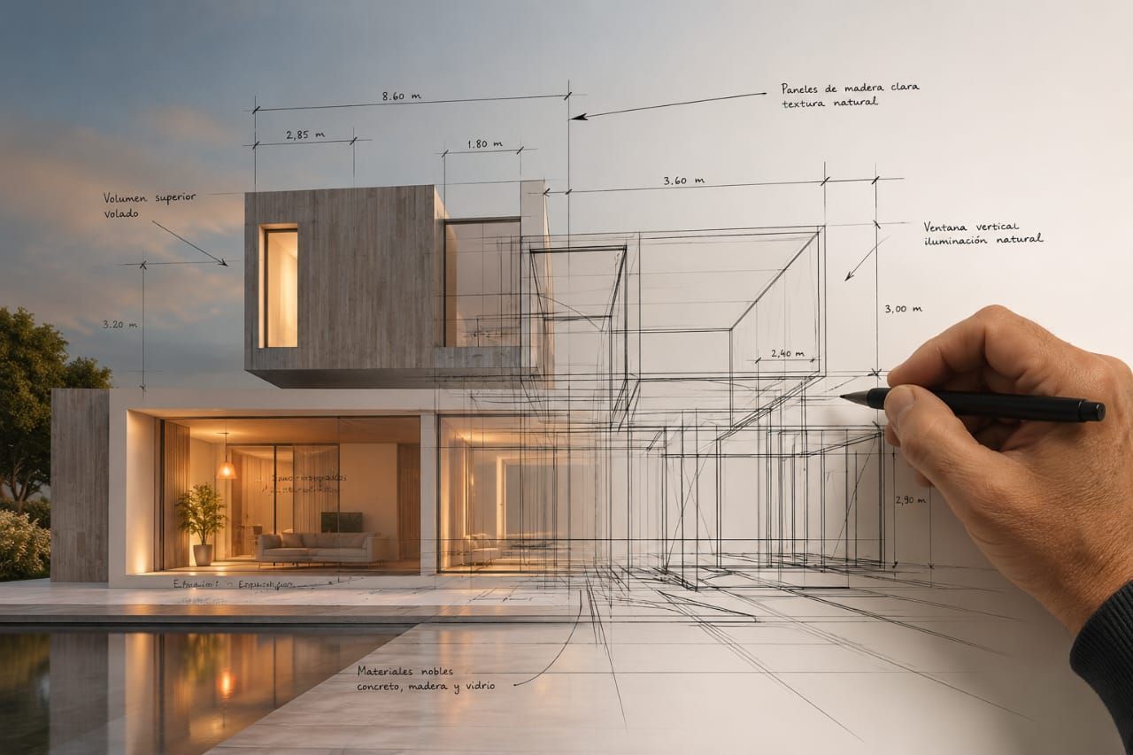 Planos arquitectónicos con herramientas de dibujo sobre un escritorio de madera, incluyendo planos enrollados y un compás.