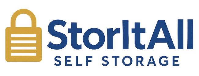 StorItAll Self Storage, featuring a gold padlock and blue text.