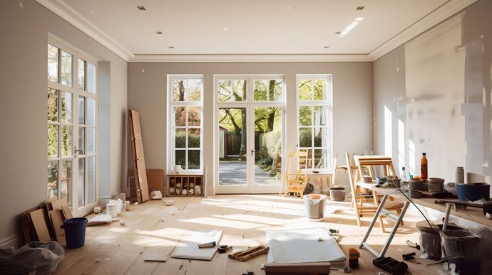 Brown and tan tile floor in a small room with tan walls. Open doorway leads to a lighter colored room.