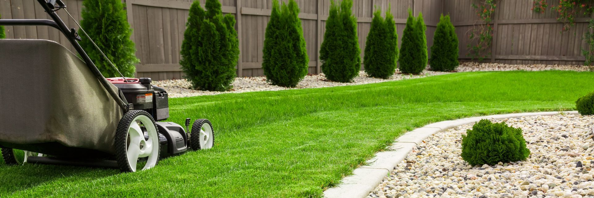 Lawnmower cutting fresh green grass in a landscaped yard, with a row of trees and a stone border.