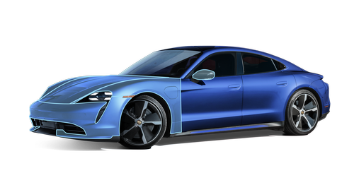 A blue porsche taycan is shown on a white background.