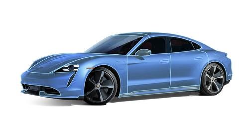 A blue porsche taycan is shown on a white background.