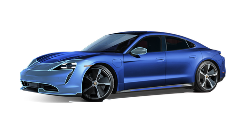 A blue porsche taycan is shown on a white background.