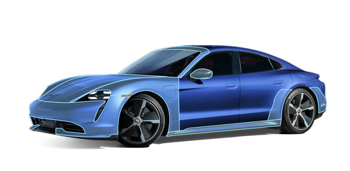 A blue porsche taycan is shown on a white background.