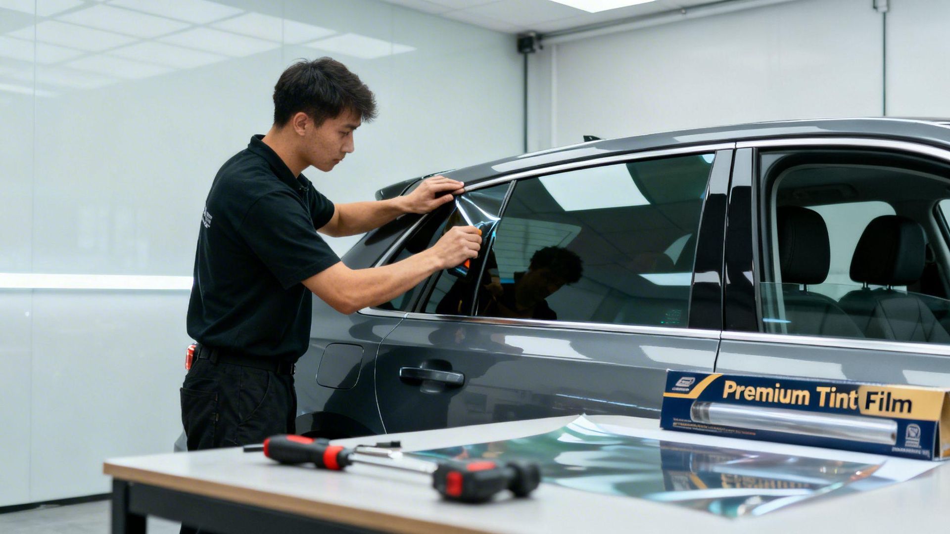 Ceramic tint installation on car window