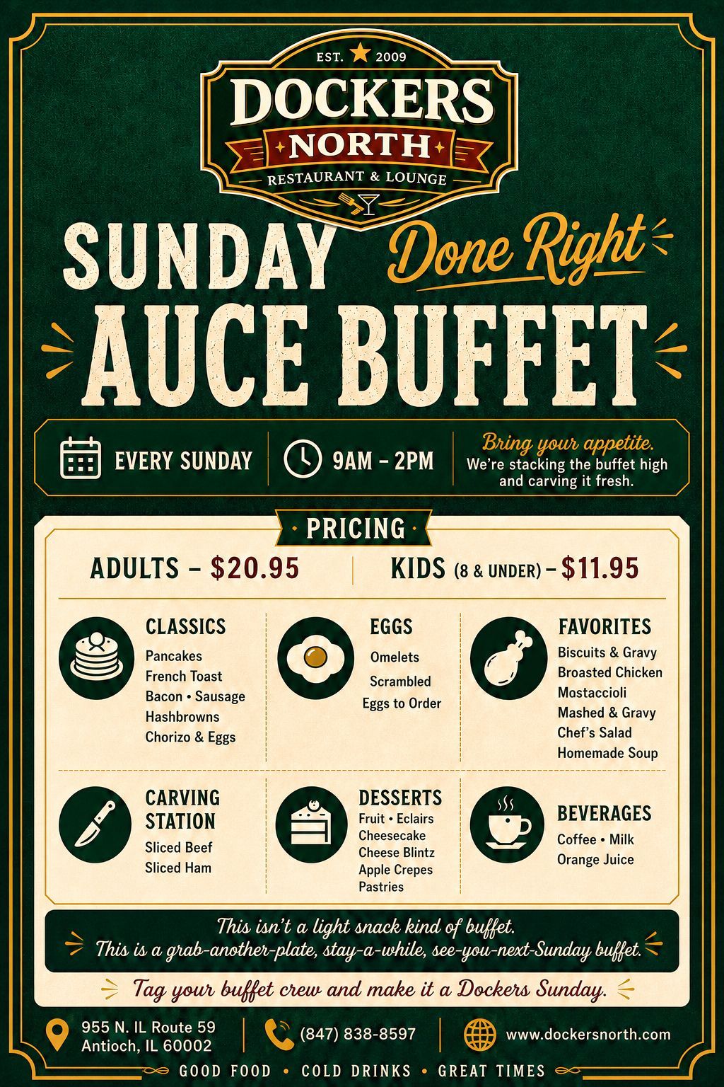 Three Dockers Sunday brunch buffet flyer with hours, pricing, and buffet favorites