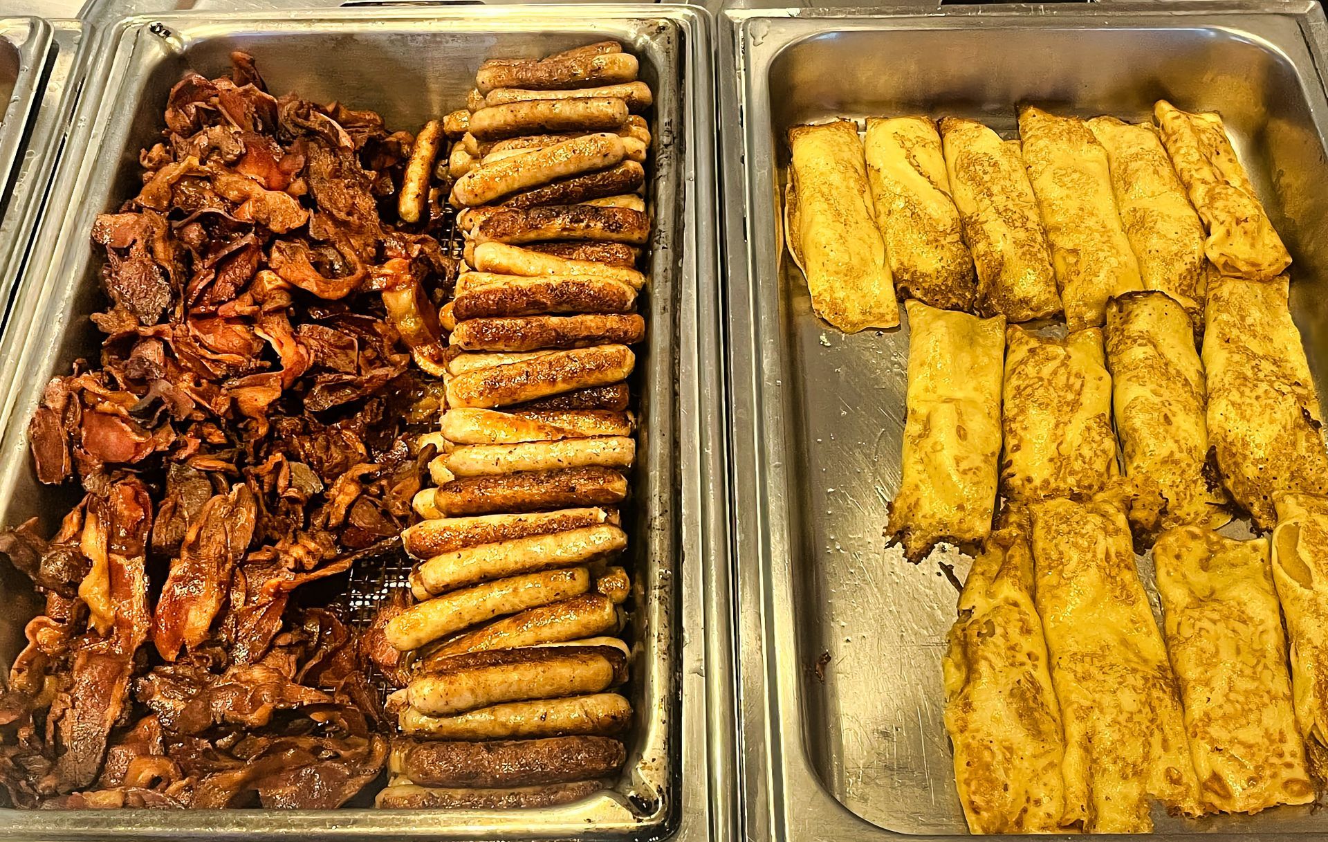 Sausage, bacon, and crepes at Dockers North brunch