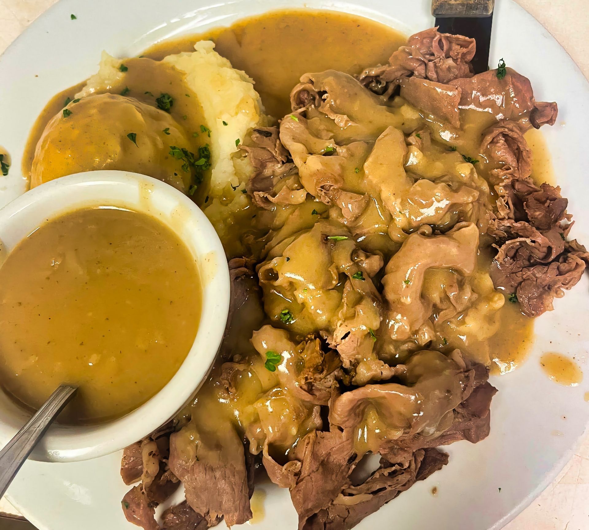 Hot beef open face sandwich at Dockers North