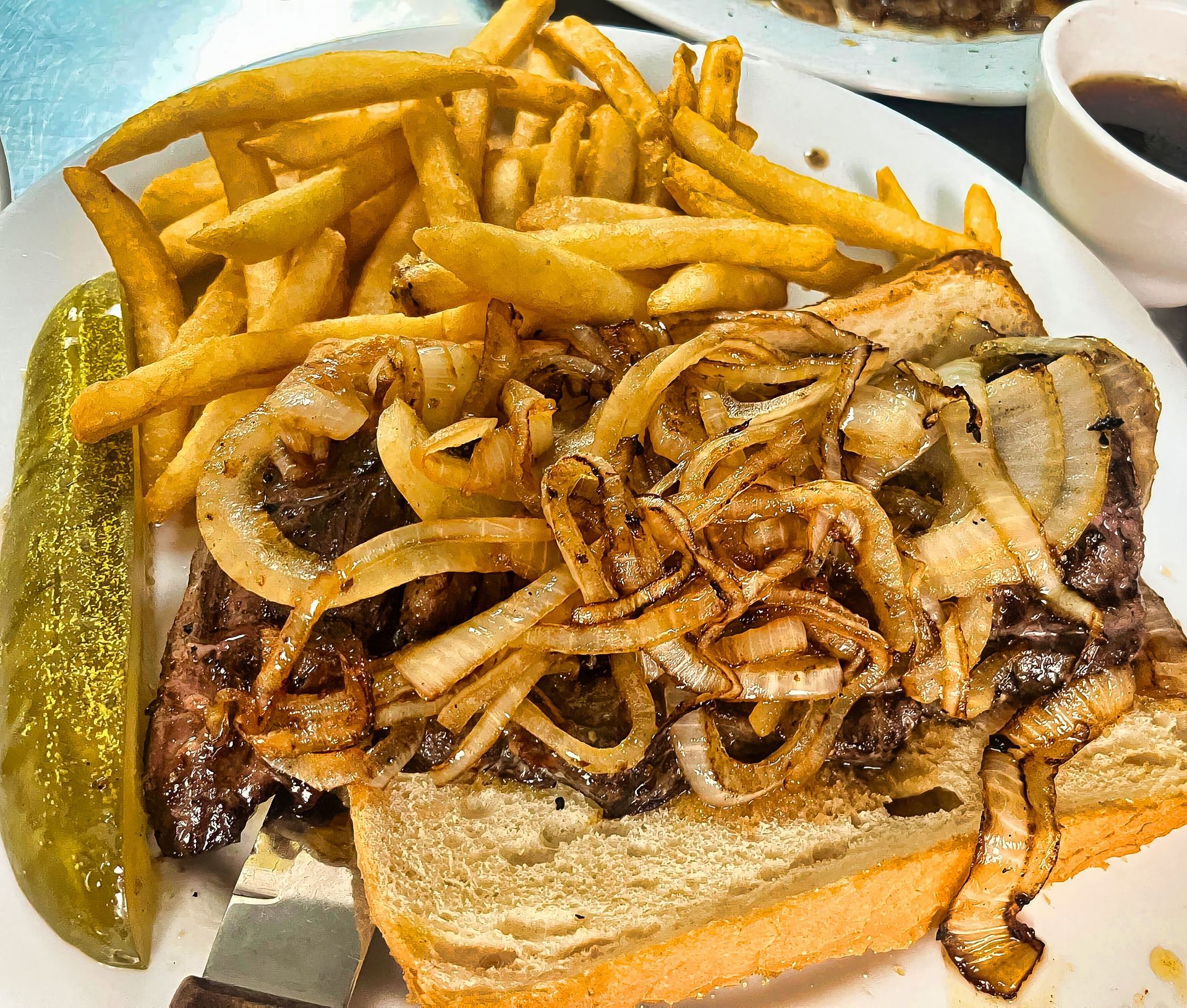 Skirt steak sandwich with onions at Dockers North